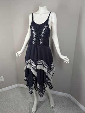 Boho Lace Trim Handkerchief Dress Rayon Adjustable Tie Front Festival Dress One